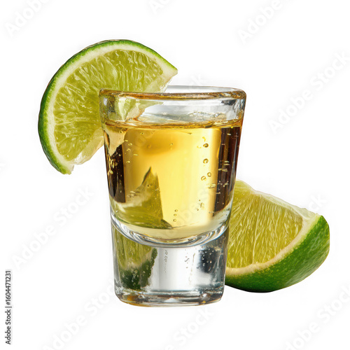 glass shot of tequila with lime on white background