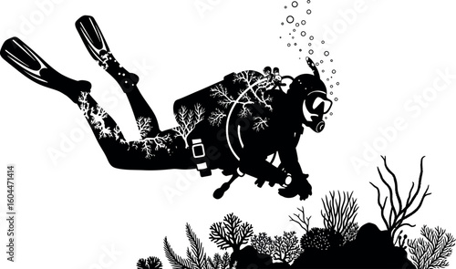 Black silhouette of a scuba diver exploring underwater coral reef, representing diving and marine exploration