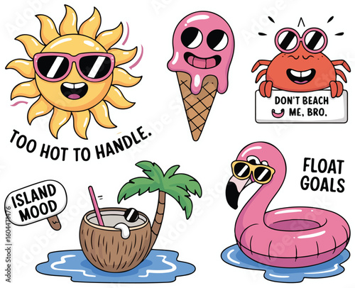 Cute Summer Sticker Bundle SVG PNG – Funny Vacation Cartoon Set for Cricut, Planners, Tumblers, Scrapbook, Sublimation