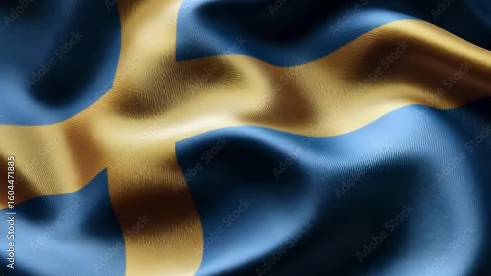 Silk fabric showcases the vibrant blue and yellow colors of the Swedish flag, highlighting its intricate texture and design.