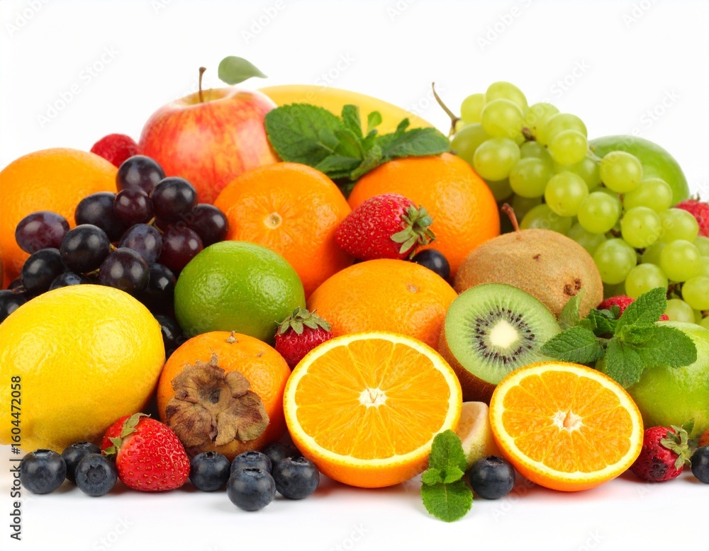 Close-up cinematic photography of various fruits, isolated on a clean white background. Emphasize vibrant, complementary colors. Highly detailed, full HD. Close-up cinematic photography of various fruits, isolated on a clean white background. Emphasize vibrant, complementary colors. Highly detailed, full HD.
