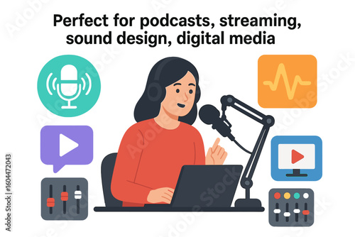 Woman hosting podcast, streaming live. Vector for sound design, digital media. Blogger, vlogger at microphone. Radio host, content creator recording audio for broadcast.