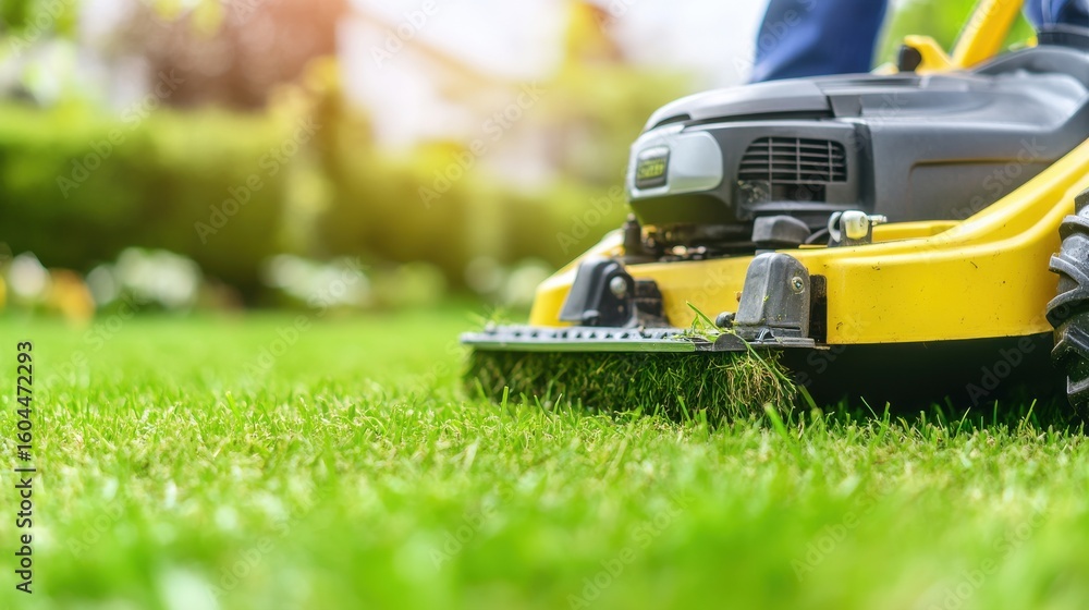 Fototapeta premium Lawn Mower Cutting Fresh Green Grass on a Sunny Day. Outdoor Yard Work and Garden Maintenance.