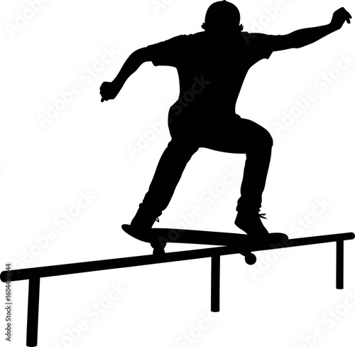 Skateboarder silhouette grinding on rail: A dynamic silhouette of a skateboarder executes a grind on a rail in a display of skill and urban athleticism.