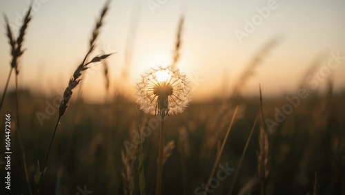 Dandelion seed head at sunset in a field