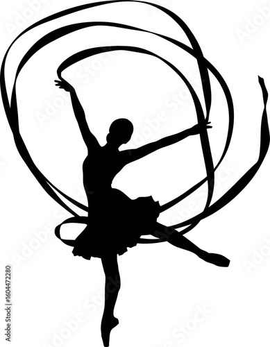 Graceful Rhythmic Dancer: A silhouette of a lithe dancer moving, gracefully twirling ribbons creating an image of ballet
