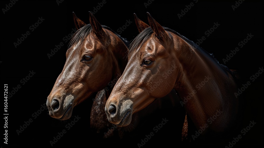 Obraz premium Intimate portrait of two horses on a shadowy background