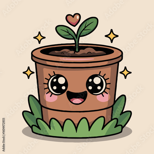 Cartoon plant pot with big eyes and a smiling face and a heart above the plant on a cream background