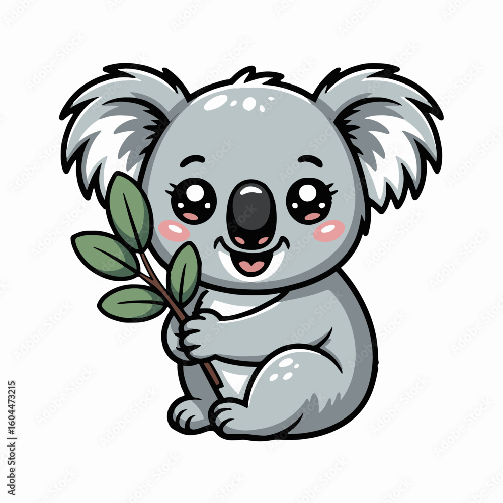 Obraz premium Cartoon koala holding a branch with leaves sitting down with a smile on a white background
