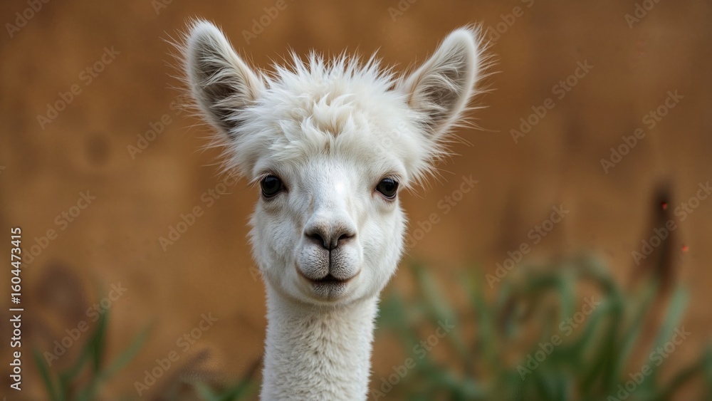 Fototapeta premium Alpaca's head showcased against a dark backdrop