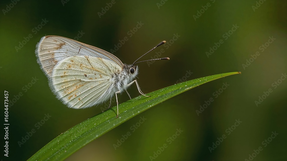 Obraz premium Macro shot of a delicate pale butterfly perched on a green leaf