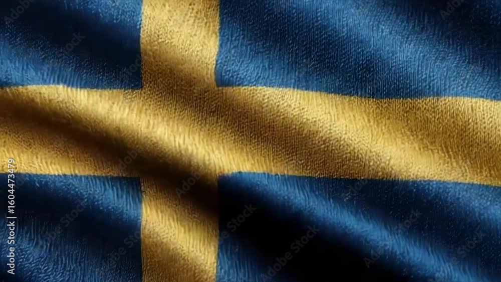 Silk fabric showcases the vibrant blue and yellow colors of the Swedish flag, highlighting its intricate texture and design.