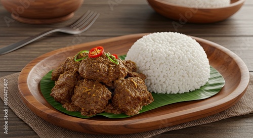 Delicious beef rendang with rice served on a wooden plate close up view