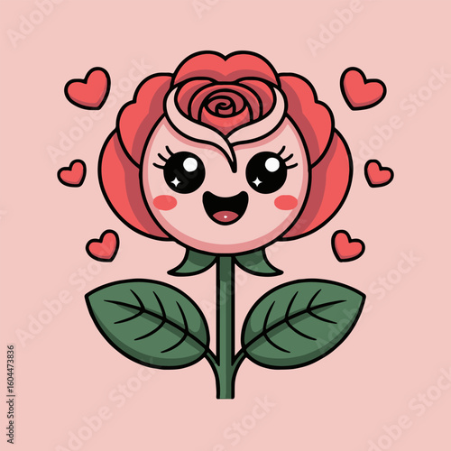 Cartoon rose character with a happy face and floating hearts on a light pink background art
