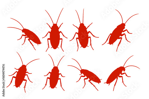 Red Cockroach Silhouette Vector Collection for Pest Control and Insect Infestation, Isolated Clipart Set, Editable Icons, Transparent Background, Entomology, Hygiene Concept