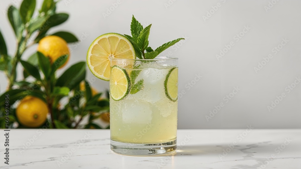 Fototapeta premium Chilled lemon-lime drink with fresh mint leaves served in glasses, isolated on white background, summer refreshment