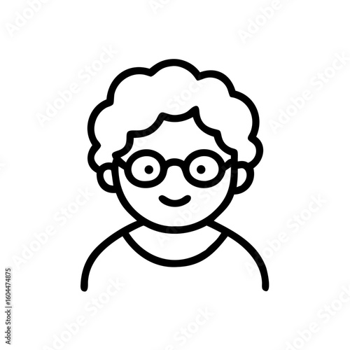 Minimalist black outline vector icon of a smiling grandmother avatar with glasses and short curly hair, symbolizing family, care, and senior character. Isolated on a transparent background