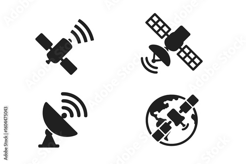 Satellite Communication Icons Set. GPS Navigation, Wireless Signal, Space Technology, Earth Orbit, Spacecraft, Radar Dish, Data Transmission Vector Silhouettes for Aerospace and Network Design