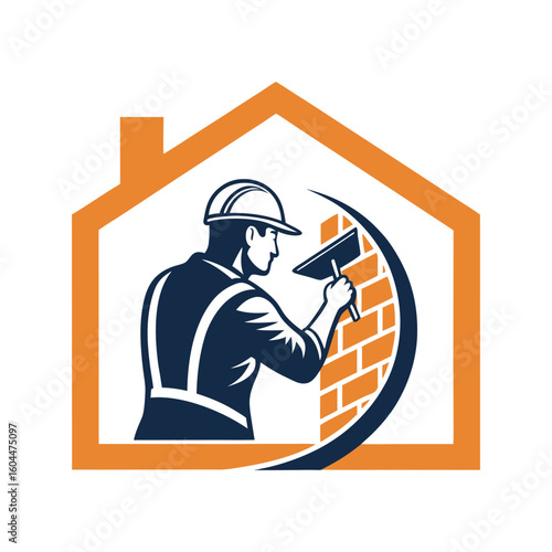 Construction Worker and House Frame Logo for Building Contractors
