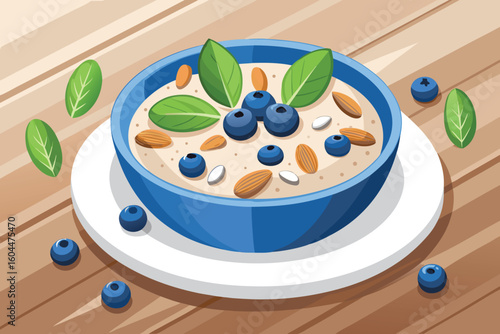 Healthy oatmeal breakfast bowl with blueberries almonds and mint leaves illustration