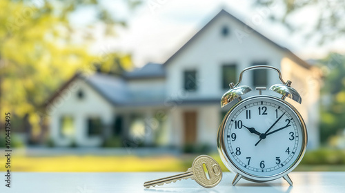 Key and alarm clock on the table, big house with garden on background. Buy own home, mortgage loan payment deadline. Real estate investment concept