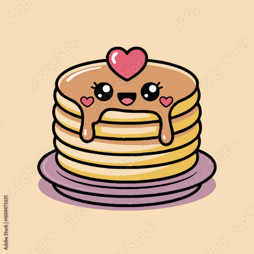 Cartoon pancakes with syrup and a heart on top sitting on a pink plate with a light tan background
