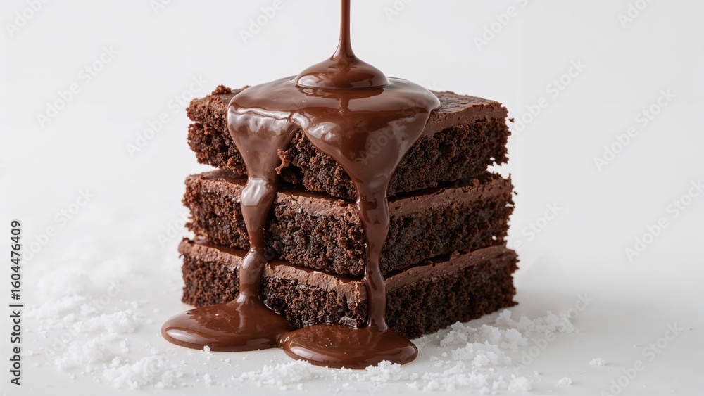 Obraz premium Chocolate syrup drizzling over a pile of chocolate dessert against a white backdrop