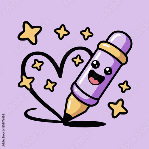 A cartoon pencil with a face drawing a heart surrounded by stars on a light purple background color