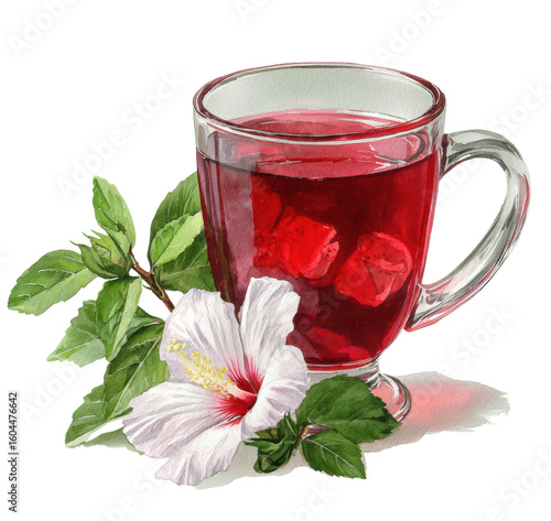 Charming Watercolor Illustration of Hibiscus Tea in Glass Cup