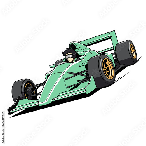 Green racer in motion. Formula beast club tee design. No brakes today. Speed is the style. Racing dream print design. Green F1 Car Graphic. Dynamic Racing Vehicle Art for T-Shirt Print
