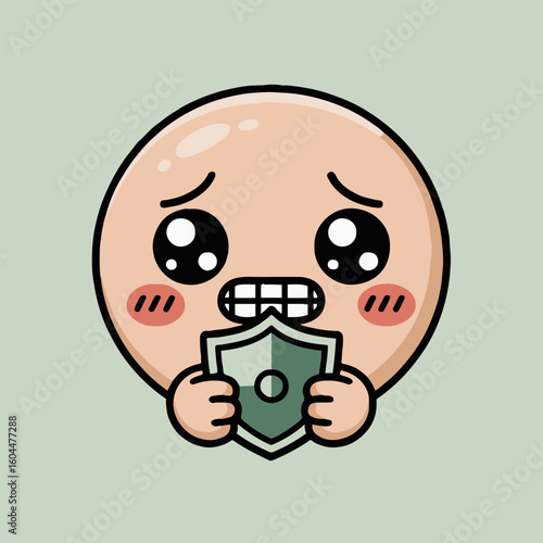 Cartoon emoji holding a shield with a worried expression on a pale green background in digital art