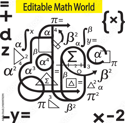 Editable math formula vector design, equation elements, algebra and geometry layout, perfect for math book first page, academic covers, science posters, educational content, EPS math world artwork