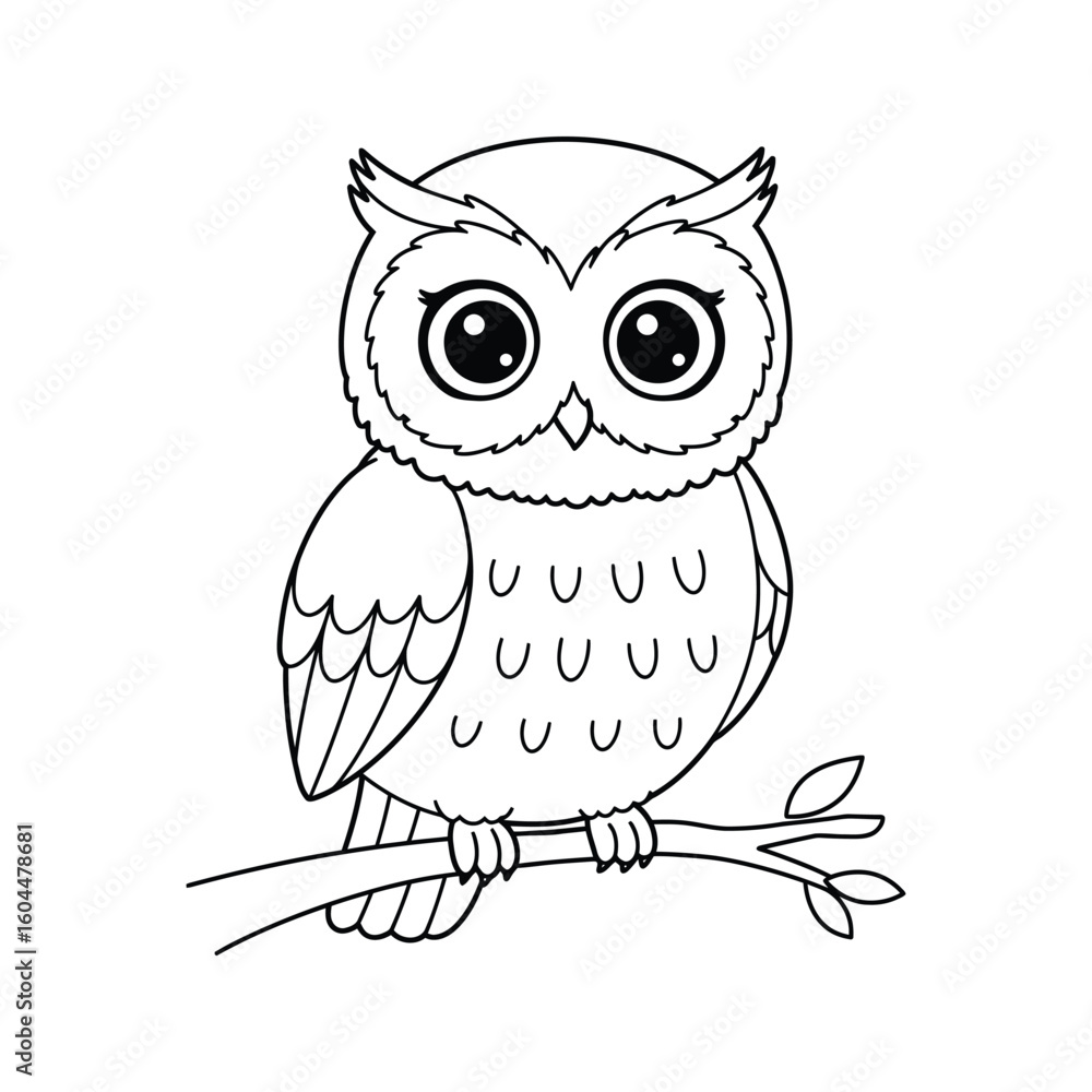 Fototapeta premium Cute cartoon owl perched on a branch black and white line art coloring page printable