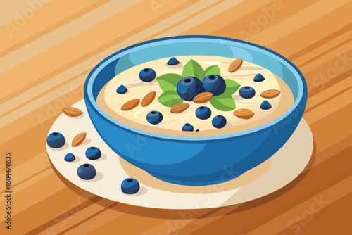Healthy oatmeal breakfast bowl with blueberries almonds and mint leaves illustration
