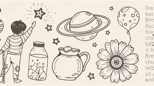 Illustration of a child reaching for a star next to a planet, flower, and jar with plants inside it silhouette