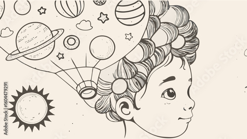 Illustration of a child with planets and stars floating above their head in a dreamlike state of mind silhouette