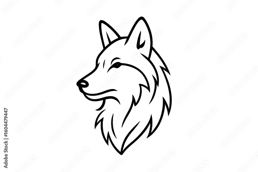Naklejka premium Wolf head profile logo vector icon. Minimalist line art of a wild animal mascot for emblem design. Stylized canine predator symbol. Simple black and white illustration.