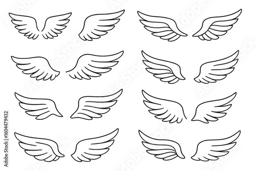 Angel wings line art vector collection. Set of isolated angelic wing icons for logo, emblem, or tattoo. Hand drawn bird flight symbol. Doodle sketch design elements.