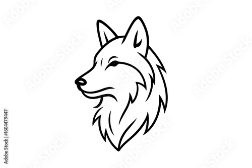 Wolf head profile logo vector icon. Minimalist line art of a wild animal mascot for emblem design. Stylized canine predator symbol. Simple black and white illustration.