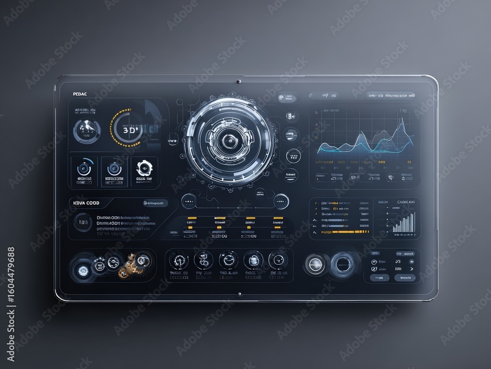 Fototapeta premium Futuristic tablet display shows holographic interface with data charts and graphs on a dark background