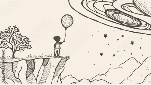 Boy standing on a cliff holding a balloon looking at stars and planets in a hand drawn illustration silhouette