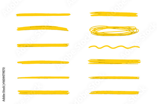 Yellow highlighter marker strokes set. Hand drawn scribble lines, underlines and brush textures. Grunge marker marks for emphasis, text dividers or artistic borders. Vector illustration.