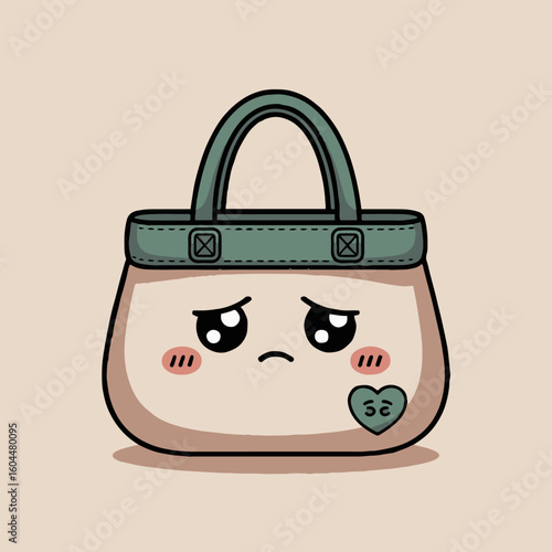 A cartoon tote bag with a sad face and a green heart sticker on a light beige background color
