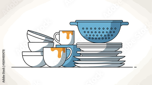 Stack of dirty dishes with bowls cups plates and a colander representing household chores and kitchen cleaning