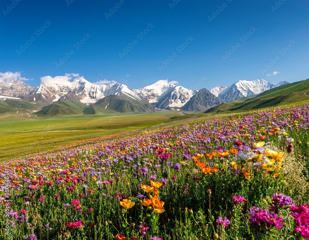 Obraz premium beautiful scenery landscape with colorful flowers and snow mountain in kalajun grassland of xinjiang in summer
