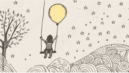 Illustration of a child on a swing attached to a balloon under a starry sky next to a tree and swirls silhouette