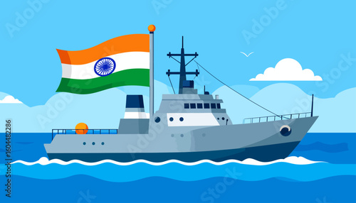 Illustration of a gray naval ship sailing on blue water, flying the Indian flag.
