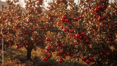 Fototapeta Naklejka Na Ścianę i Meble -  Vibrant crimson pomegranates hanging from branches