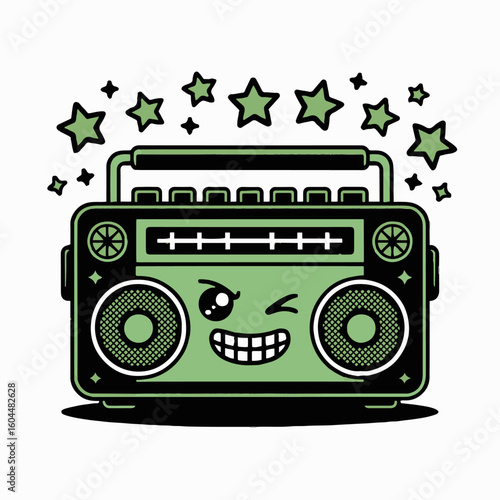 A green cartoon boombox with a winking face surrounded by stars on a white background illustration