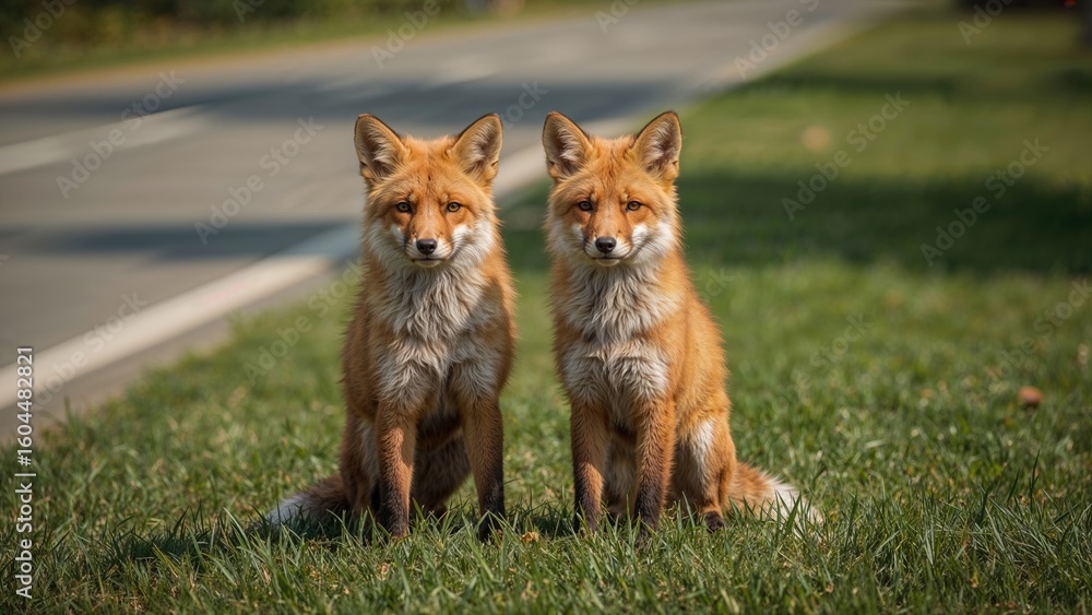 Naklejka premium Two red foxes resting on green grass close to a pavement